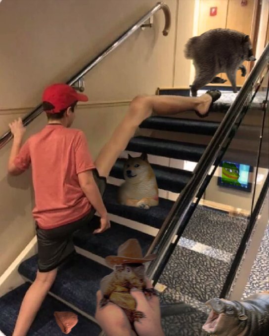 A surreal, digitally-altered image shows a person in a red cap and shirt crawling up stairs with absurdly elongated limbs, accompanied by out-of-place animals including a cat, dog, and monkey on the steps.