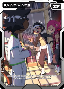 A trading card labeled 'FAINT HINTS' (Eye 39, Zambodi 2033) depicting animated characters with the caption 'Mutki told Akello that, in an attempt to stop Jago getting in nano stocks, they bounced a bullet for maximum money.'