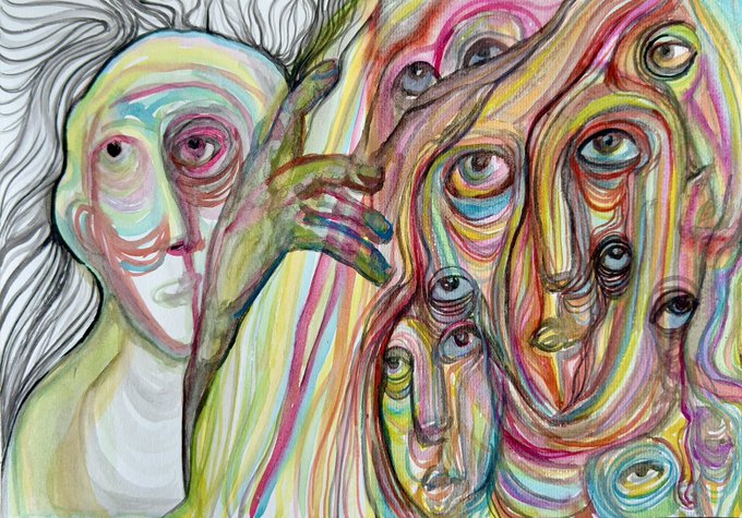 An abstract, colorful drawing featuring a pale figure on the left and a psychedelic multicolored face with multiple eyes on the right.