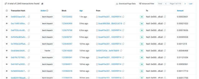 A blockchain explorer interface showing a transaction list with 2,845 total transactions, including details like Transaction Hash, Block, Age, From, To, and Amount for various transfers and batch dispatches.