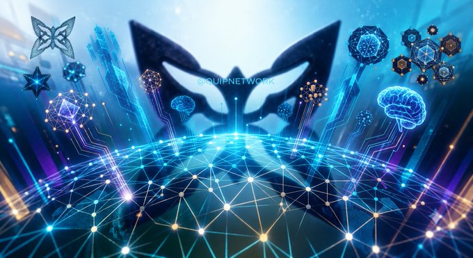 A digital artwork featuring a stylized butterfly/mask silhouette against a network of glowing blue connections, surrounded by icons of brains, gears, and geometric shapes, with '©QUI-NETWORK' watermark.