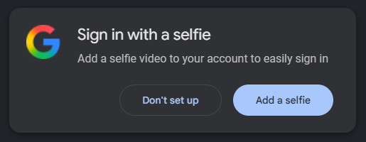 A dark-themed Google sign-in prompt asks users to "Sign in with a selfie" by adding a selfie video to their account, offering buttons to "Don't set up" or "Add a selfie." The accompanying "do not do this" warning advises against enabling this biometric verification feature, likely due to privacy and security concerns.