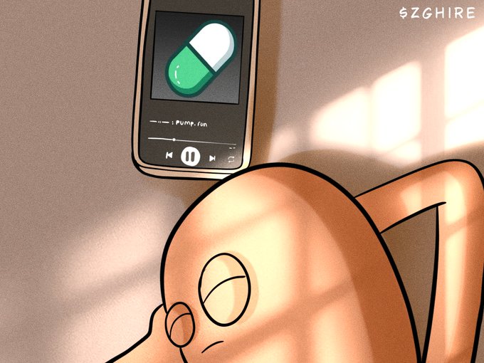 An animated illustration featuring a music player displaying a green and white pill icon with the text 'Pump.fun', above a tan cartoon character looking up at it, signed 'SZGFIRE'.
