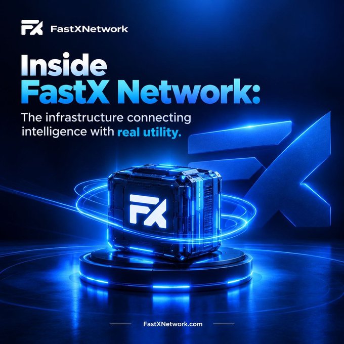 A promotional graphic for FastXNetwork reading 'Inside FastX Network: The infrastructure connecting intelligence with real utility' featuring a futuristic blue glowing cube with the FX logo on a pedestal.