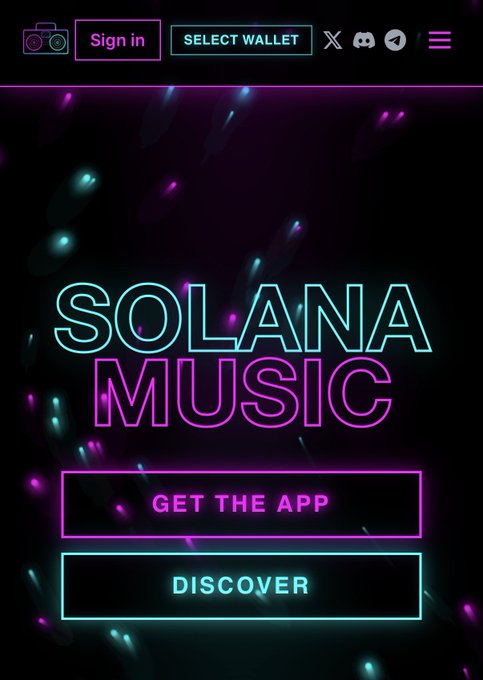 A neon-lit "SOLANA MUSIC" landing page with "GET THE APP" and "DISCOVER" buttons, promoting the SolanaMusicFun platform where music producers can release original beats for a fixed $1 price as described in the post.