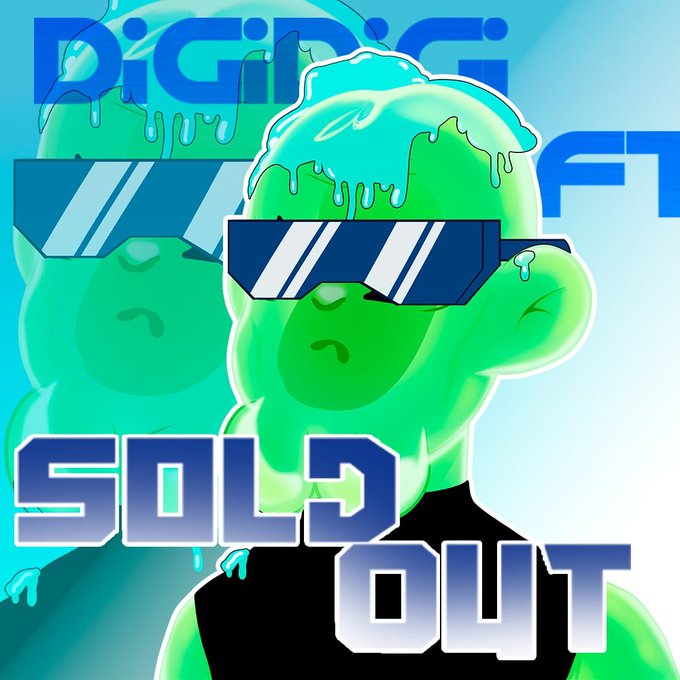 The image shows a stylized green slime character wearing pixelated "deal with it" sunglasses, with the text "DIGI 1 NFT" displayed in blue at the top and "SOLD OUT" in large block letters across the bottom, reinforcing the post's announcement that the NFT drop has sold out ahead of its reveal in 24 hours.