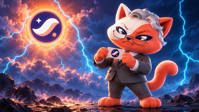 An anthropomorphic cat character in a suit holds a card displaying the StarkNet (STRK) logo, set against a dramatic lightning-filled sky with the same logo glowing in the background, visually reinforcing the post's enthusiastic announcement about working overtime to wrap up StarkNet-related tasks like submissions and a website launch.