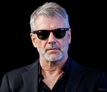 Professional headshot of a gray-haired, bearded man wearing dark sunglasses and a black suit against a black background, credited to Grok.