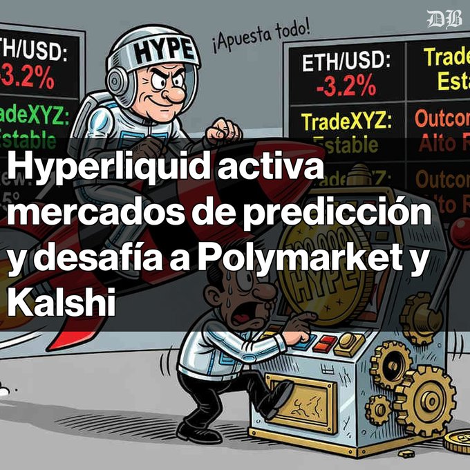 A cartoon illustration features an astronaut labeled 'HYPE' riding a rocket over a slot machine, with Spanish text reading 'Hyperliquid activa mercados de predicción y desafía a Polymarket y Kalshi' overlaid on trading screens showing ETH/USD and TradeXYZ data.