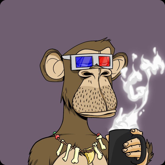 A digital illustration of a bored ape-style monkey wearing red-blue 3D glasses and a bone necklace, holding a steaming black mug against a purple background.