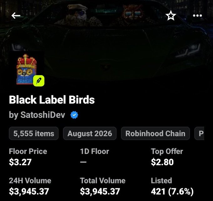 The image shows an NFT collection page for "Black Label Birds" by SatoshiDev on Robinhood Chain, featuring 5,555 items with a floor price of $3.27 and a top offer of $2.80. The pixel-art bird NFT displayed suggests potential undervaluation, aligning with the post's claim that the collection is currently priced below its worth.