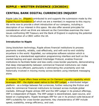 A webpage titled "RIPPLE – WRITTEN EVIDENCE (CDCO034)" from the UK Parliament's Central Bank Digital Currencies Inquiry features Ripple Labs' submission (Company No. 06193858) explaining how blockchain technology enables instant, reliable, and cost-effective cross-border payments via the XRP Ledger and XRP cryptocurrency, aligning with the post's claim that Ripple has been advising UK parliamentary committees on digital currencies.