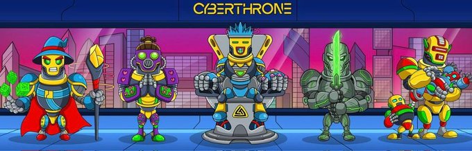 A 'CYBERTHRONE' banner featuring five cartoon-style cyberpunk characters in colorful armor, including one on a throne.