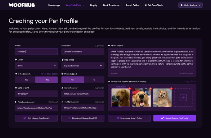 A screenshot of a computer screen showing a page from a website called "Woof!" with the title "Creating your Pet Profile" displayed at the top. The main content of the page includes an editable pet profile option, which allows users to create profiles for their pets and save them to a database. On this page, there are two dog images, one on the left side and another near the bottom right corner, showcasing dogs in different poses. The website seems to be promoting a platform that helps people manage and maintain records about their pets, potentially connecting them with pet care professionals or other owners who share similar interests.