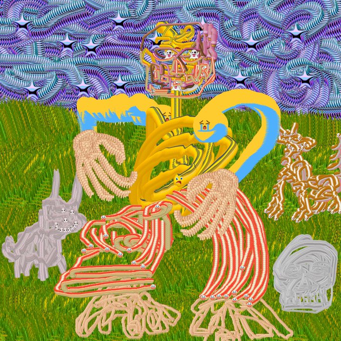 A colorful, psychedelic digital artwork featuring abstract figures, animals resembling deer, and wavy patterns in green, yellow, and purple, with a complex golden structure at the top.