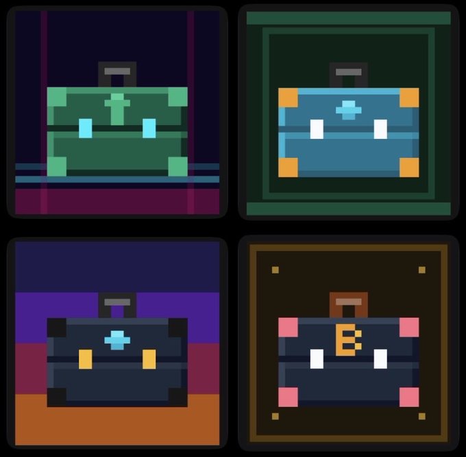 Four pixel-art style icons depict different treasure chests, each featuring varying colors, lock types, and background settings.