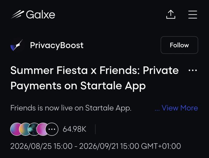 Galxe promotional post for "Summer Fiesta x Friends" featuring "PrivacyBoost" with 64.98K participants, running from August 25 to September 21, 2026, offering $10 USDC rewards to 50 random winners who complete tasks on the Startale App.