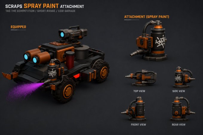 A video game item showcase for a 'SCRAPS SPRAY PAINT ATTACHMENT' featuring a vehicle with the attachment equipped and multiple views of the attachment.