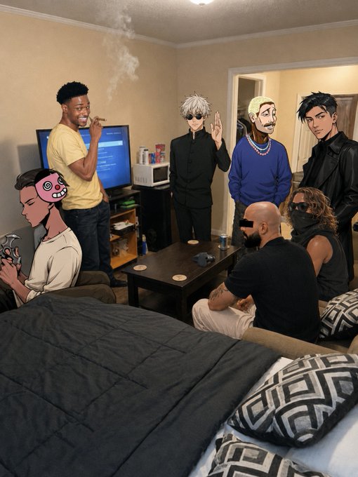 A humorous edited photo of a group of friends hanging out in a living room, with anime characters edited into the scene.