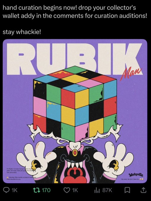 A Twitter/X post promoting 'RUBIK MAN' hand curation, featuring cartoon artwork of a Rubik's cube-headed character above a screaming face, with 87K views.