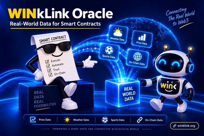 A promotional graphic for 'WINkLink Oracle' advertises 'Real-World Data for Smart Contracts' with cartoon characters, showing categories like 'Weather Data', 'Price Data', 'Sports Data', and 'On-Chain Data', along with 'winklink.org'.