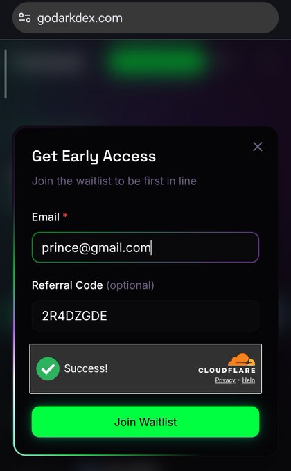 A dark-themed "Get Early Access" waitlist signup popup from godarkdex.com shows an email field filled with "prince@gmail.com" and a referral code "2R4DZGDE," displaying a Cloudflare success verification before a green "Join Waitlist" button. This corresponds to the post's call to action, which promotes the @GoDark community and directs users to use the referral link godark.xyz/ref/2R4DZGDE to join the whitelist and Discord.