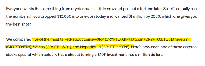 An article excerpt discussing which crypto (XRP, Bitcoin, Ethereum, Solana, or Hyperliquid) could turn a $10,000 investment into $1 million by 2030, with 'XRP (CRYPTO:XRP), Bitcoin (CRYPTO:BTC), Ethereum (CRYPTO:ETH), Solana (CRYPTO:SOL), and Hyperliquid (CRYPTO:HYPE)' highlighted.