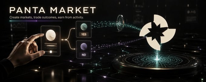 A promotional banner for 'PANTA MARKET' with the tagline 'Create markets, trade outcomes, earn from activity.', showing a hand interacting with a YES/NO digital interface that connects to a glowing star emblem.