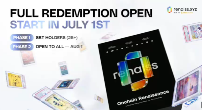 Promotional graphic for @renaissxyz announcing full redemption opens starting July 1st, with Phase 1 exclusive to SBT holders (25+) and Phase 2 opening to all users on August 1st. The image features the renaliSS.xyz logo and "Onchain Renaissance" branding alongside scattered digital card packs.