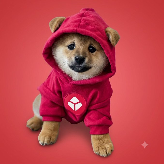 An AI-generated image of a cute Shiba Inu puppy wearing a red hoodie with a Y Combinator-style logo, set against a matching red background.