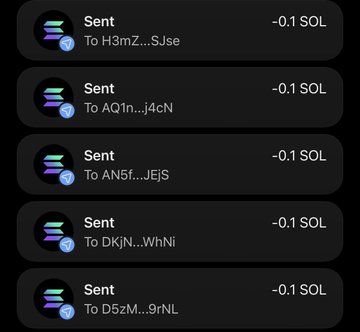 A screenshot of a crypto wallet transaction history showing multiple "Sent" transfers of "-0.1 SOL" each to various addresses with the Solana logo visible on the dark interface.