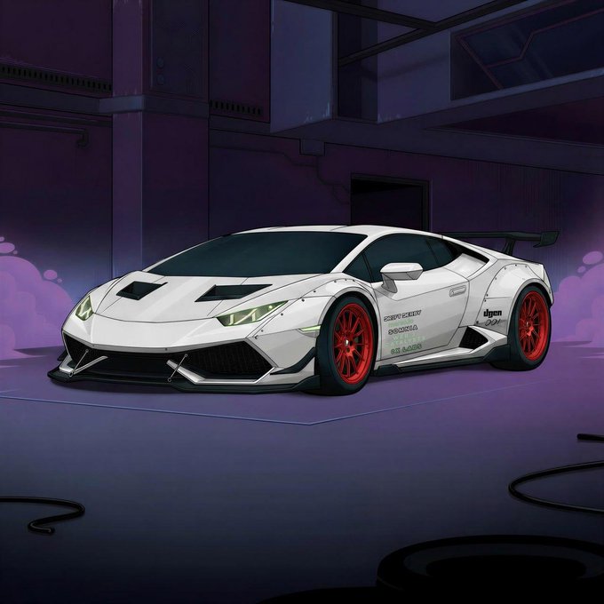 An illustration of a white Lamborghini Huracán sports car with red wheels and sponsor decals parked in a garage with purple lighting.