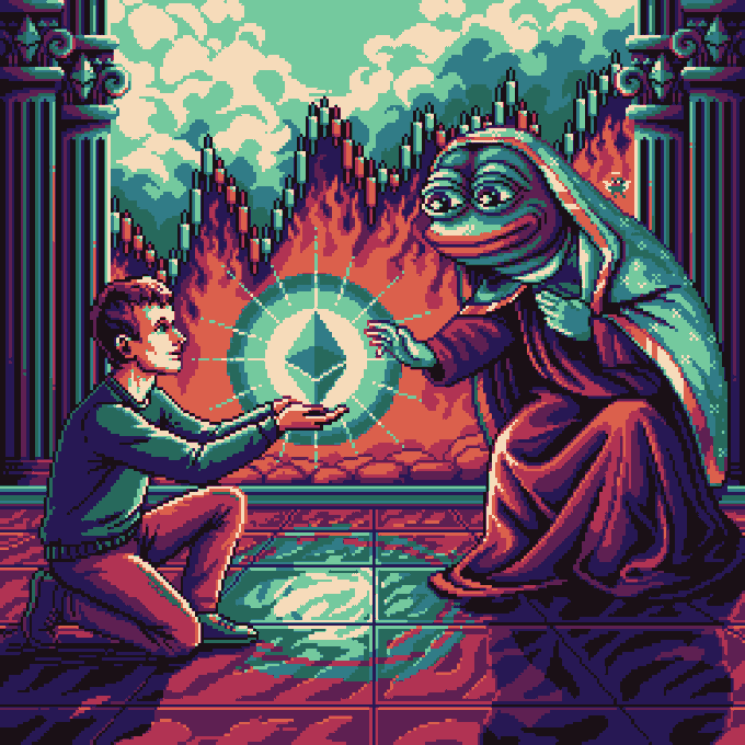 A pixel art illustration depicting a young man kneeling before a robed frog-like creature, with a glowing diamond shape between them, set in a classical temple environment with columns and clouds.