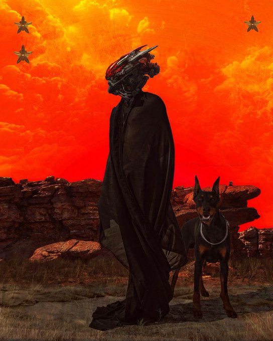 A tall figure in a black cloak wearing a red mechanical helmet stands beside a Doberman Pinscher against a vivid red and orange sky, with star graphics in the corners.