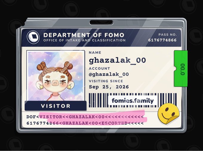 A digital visitor pass from the 'DEPARTMENT OF FOMO, OFFICE OF INTAKE AND CLASSIFICATION' for 'ghazalak_00' (@ghazalak_00), visiting since Sep 25, 2026, with a cartoon avatar and a barcode labeled 'fomies.family'.