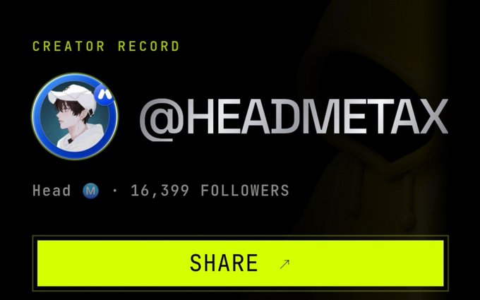 A creator profile screen for @HEADMETAX displays a "CREATOR RECORD" banner with an anime-style avatar, the username "Head" with an "M" badge, and 16,399 followers, alongside a yellow "SHARE" button. The image appears unrelated to the post's content about measuring engagement through on-chain metrics like Motion points and views.