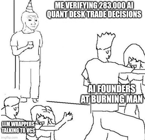 A black-and-white meme drawing with the text 'ME VERIFYING 283,000 AI QUANT DESK TRADE DECISIONS' at a party with 'AI FOUNDERS AT BURNING MAN' and 'LLM WRAPPERS TALKING TO VCS'.
