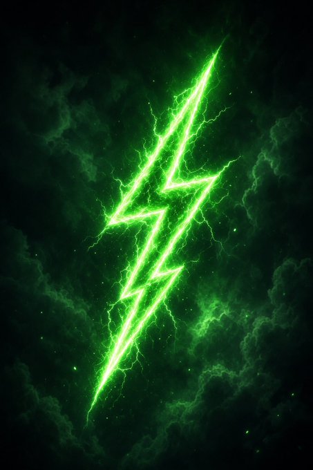 A digital illustration of a bright green, glowing lightning bolt surrounded by dark storm clouds and electric sparks.