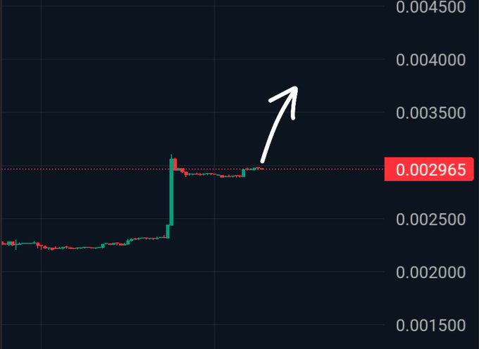 A candlestick chart showing a sharp price increase with a handwritten white arrow pointing upward toward higher price levels. The current price is marked at 0.002965 (highlighted in red), with a horizontal resistance line extending from it across the chart.