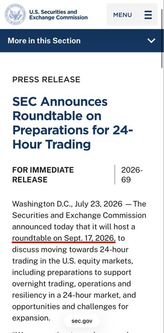 A U.S. Securities and Exchange Commission (SEC) press release dated July 23, 2026, announces an upcoming roundtable scheduled for Sept. 17, 2026, to discuss preparations for 24-hour trading in U.S. equity markets—directly supporting the post's claim that the SEC is moving toward round-the-clock stock trading similar to crypto's 24/7 model.
