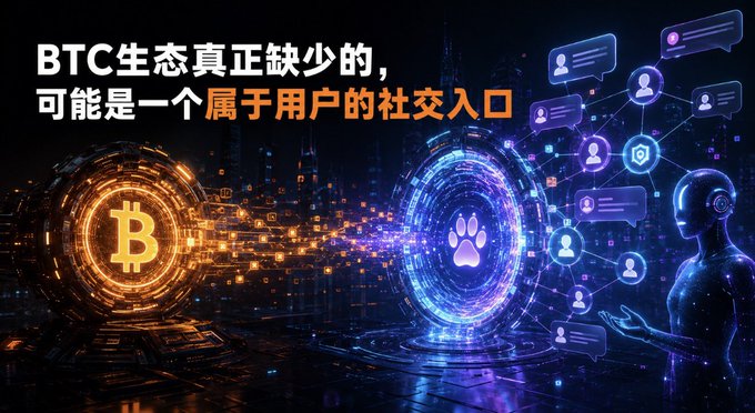 The image features a glowing Bitcoin symbol on the left connected to a futuristic digital figure interacting with a network of user profiles and chat bubbles, with Chinese text reading "BTC生态真正缺少的，可能是一个属于用户的社交入口" (What the BTC ecosystem truly lacks may be a social entry point for users).

This visual directly reinforces the post's central thesis—contrasting Bitcoin's established financial/asset infrastructure (symbolized by the Bitcoin icon) with the missing social engagement layer (represented by the interconnected user profiles and digital avatar), highlighting the need for user-friendly social applications in the BTC ecosystem.