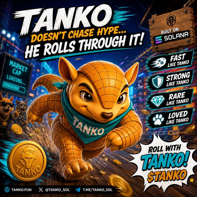 A promotional poster for 'TANKO' meme coin built on Solana, featuring a cartoon armadillo character wearing a 'TANKO' bandana alongside coins, with slogans like 'FAST LIKE TANKO' and 'STRONG LIKE TANKO.'