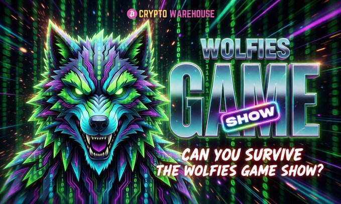 The image features a colorful wolf head with green and purple fur, giving it an eye-catching appearance. The text below includes a question "Can you survive the wolves game show?" which seems to be related to a video game or game show featuring the wolf character.
