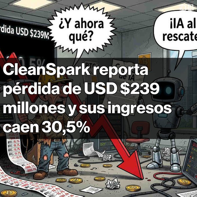 A Spanish-language meme features a cartoon miner and robot in a server room with text reporting 'CleanSpark reporta pérdida de USD $239 millones y sus ingresos caen 30,5%', with speech bubbles asking '¿Y ahora qué?' and '¡A rescate!'.