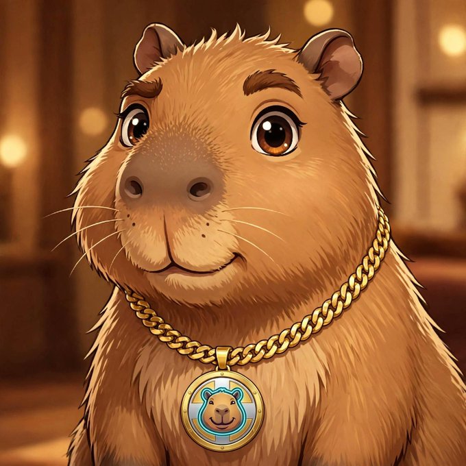 A digital illustration of a cute brown capybara wearing a gold chain with a medallion featuring its own face.