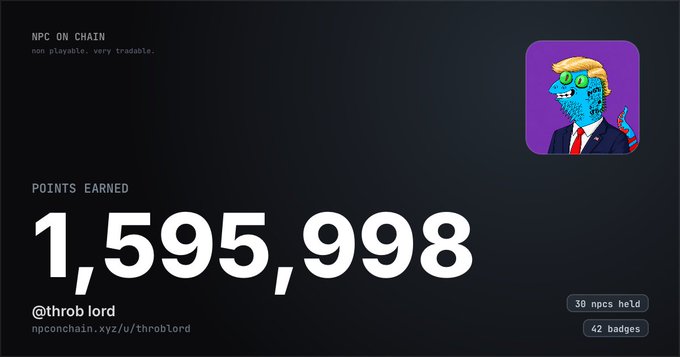 A dark-themed dashboard for 'NPC ON CHAIN' showing 'POINTS EARNED: 1,595,998' under the username '@throb_lord', with '30 npcs held' and '42 badges,' alongside a pixel-art avatar of a blue Trump-like character on a purple background.