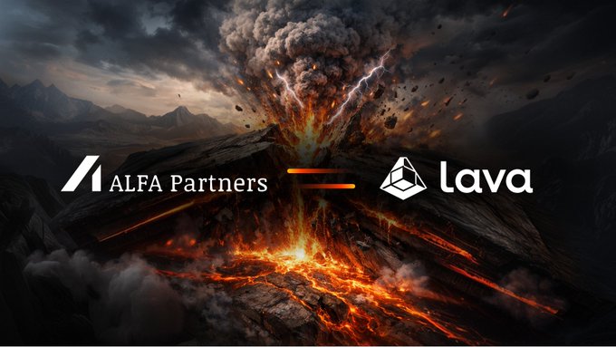 A dramatic volcanic eruption serves as the backdrop for a partnership announcement, featuring the logos of "ALFA Partners" and "lava" separated by an equals sign, symbolizing the integration of ALFA Partners with Lava RPC as described in the accompanying post.