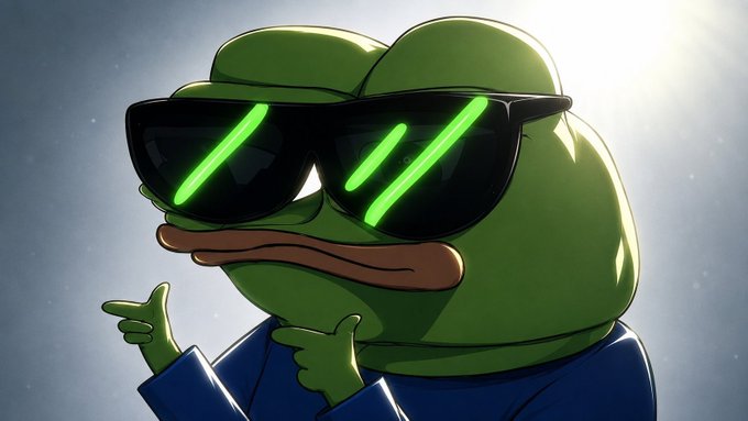 An illustration of Pepe the Frog wearing large sunglasses that reflect green laser lines, dressed in a blue suit.