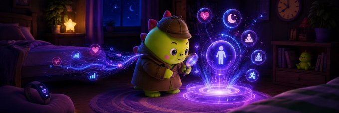 A cute green cartoon dinosaur dressed as a detective with a magnifying glass, standing in a magical bedroom setting illuminated by floating glowing icons including a person, moon, heart, and various activity symbols.