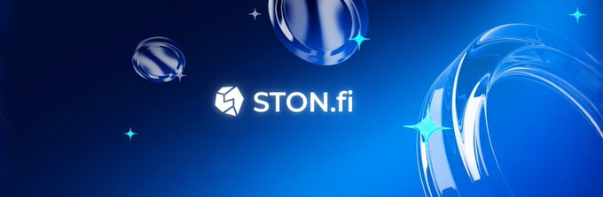 Branding image with the STON.fi logo on a blue background featuring glossy blue spheres and teal star accents.